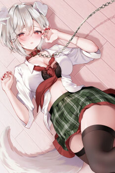 1girl animal_ears black_bra black_thighhighs blush bra breasts chain chain_leash cleavage collarbone collared_shirt commentary_request dog_ears dog_tail dress_shirt feet_out_of_frame green_skirt grey_hair highres lace lace-trimmed_bra lace_trim large_breasts leash looking_at_viewer lying miniskirt navel nawagami-san_wa_shibararetai nawagami_seren on_back on_floor open_clothes open_mouth open_shirt plaid_clothes plaid_skirt pleated_skirt red_eyes shirt skirt sleeves_rolled_up solo tail thighhighs three-quarter_sleeves underwear white_shirt wooden_floor yugaa zettai_ryouiki