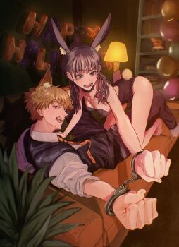 1boy 1girl absurdres animal_ear_hairband animal_ears balloon black_choker black_eyes black_hair black_leotard black_pants black_vest blonde_hair breasts chainsaw_man choker denji_(chainsaw_man) fake_animal_ears hairband highres leotard long_hair low_twintails mitaka_asa necktie orange_necktie pants playboy_bunny rabbit_ear_hairband rabbit_ears red_eyes shared_handcuffs shirt short_hair small_breasts strapless strapless_leotard twintails vest white_shirt wolf_ears yurayuracocco
