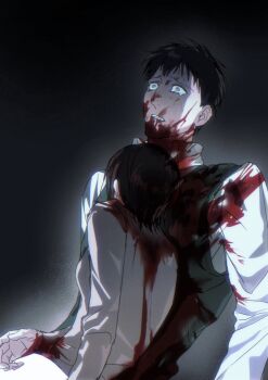 1boy 1girl bertolt_hoover black_background black_hair blood blood_on_clothes blood_on_face breasts brown_hair clenched_teeth collared_shirt furrowed_brow highres icelandcrow medium_breasts parted_lips shingeki_no_kyojin shirt short_hair tears teeth white_shirt wide-eyed ymir_(shingeki_no_kyojin)