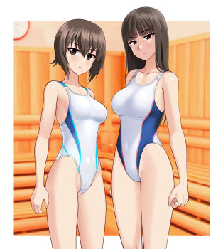 2girls absurdres black_eyes blunt_bangs breasts brown_eyes brown_hair commentary_request competition_swimsuit covered_navel cowboy_shot girls_und_panzer highleg highleg_one-piece_swimsuit highres indoors large_variant_set long_hair mature_female medium_breasts mother_and_daughter multicolored_swimsuit multiple_girls nishizumi_maho nishizumi_shiho one-piece_swimsuit sauna short_hair swimsuit takafumi variant_set white_one-piece_swimsuit
