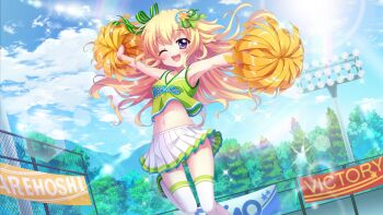 1girl armpits banner bare_arms blonde_hair blue_sky breasts chain-link_fence cheerleader cloud cloudy_sky crop_top dot_nose dutch_angle fence film_grain floodlights game_cg green_shoes group_name hair_ornament hasegawa_mii izumi_tsubasu jumping long_hair midriff mountainous_horizon navel non-circular_lens_flare non-web_source official_art one_eye_closed open_mouth outstretched_arms pole pom_pom_(cheerleading) purple_eyes rainbow re:stage! shoes skirt sky small_breasts smile solo sparkle sparkling_eyes star_(symbol) sun teeth thighhighs thighs tree upper_teeth_only white_skirt white_thighhighs zettai_ryouiki