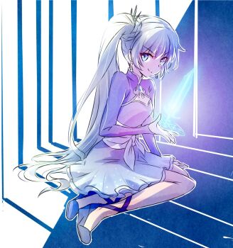 1girl blue_eyes cage check_commentary cleavage_cutout clothing_cutout commentary_request dagger far_cry far_cry_3 female_focus full_body hologram iesupa knife long_hair outline rwby scar scar_across_eye scar_on_face sitting solo summoning sword v-shaped_eyebrows very_long_hair weapon weiss_schnee white_hair white_outline