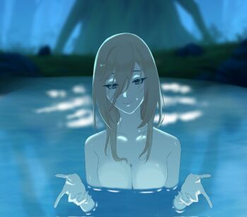 1girl aponia blonde_hair blue_eyes breasts chainsaw_man cleavage commentary completely_nude corrupted_twitter_file english_commentary highres honkai_(series) honkai_impact_3rd i&#039;ll_teach_you_everything_(chainsaw_man) large_breasts looking_at_viewer nude partially_submerged scene_reference short_hair smile solo vaniyolsky water