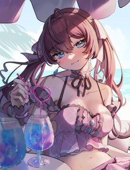 1girl :3 absurdres bikini blue_eyes blush breasts commentary_request crazy_straw drink drinking_straw earrings frilled_bikini frills heart_straw highres horizon ichinose_shiki idolmaster idolmaster_cinderella_girls idolmaster_cinderella_girls_starlight_stage jewelry long_hair medium_breasts navel ocean outdoors purple_hair shade shine_asahi smile solo sunlight sweat swimsuit twintails