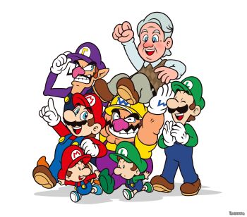 7boys baby_luigi baby_mario carrying charles_martinet elcajarito facial_hair gloves grey_hair hat highres luigi mario mario_(series) mustache nintendo bad_tag overalls shirt shoes vest voice_actor walking waluigi wario