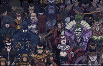 6+boys alfred_pennyworth armor bane batman batman_(series) batman_ninja black_bodysuit blue_eyes bodysuit breasts catwoman cleavage damian_wayne dc_comics deathstroke dick_grayson domino_mask eye_mask eyebrows_visible_through_mask gloves gorilla gorilla_grodd green_eyes green_hair harlequin harley_quinn japanese_clothes jason_todd looking_at_viewer makeup mask monkey multicolored_hair multiple_boys multiple_girls official_art orange_hair poison_ivy purple_hair red_hair selina_kyle shogun short_hair smile the_joker the_penguin tim_drake