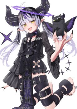 Rule 34 | 1girl, :d, absurdres, ahoge, belt, black belt, black dress, black hair, black jacket, black nails, black necktie, braid, collar, commentary, crow (la+ darknesss), demon girl, demon horns, demon tail, dress, fang, feet, fingernails, flat chest, frilled dress, frills, halo, highres, hime cut, hololive, horns, jacket, la+ darknesss, la+ darknesss (5th costume), light blush, lock, long fingernails, long hair, long sleeves, long toenails, metal collar, monakarobo78, nail polish, necktie, official alternate costume, official alternate hairstyle, open mouth, padlock, pelvic curtain, pointy ears, purple hair, simple background, smile, tail, toenails, twintails, virtual youtuber, white background, white hair, wide sleeves, yellow eyes