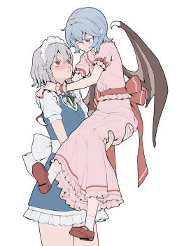2girls absurdres bat_wings blood blue_dress blue_hair blush braid carrying carrying_person chinese_commentary commentary_request dress frills grey_hair hands_on_another's_shoulders highres izayoi_sakuya looking_at_another maid maid_headdress medium_hair multiple_girls no_headwear nosebleed parted_lips pink_shirt pink_skirt princess_carry red_eyes red_shoes remilia_scarlet shirt shoes short_hair short_sleeves side_braids skirt smile socks touhou twin_braids vampire white_shirt white_socks wings youpofen