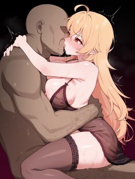 1boy 1girl ahoge bald black_background blonde_hair breasts clothed_female_nude_male commentary_request commission cumdump hetero highres kiss large_breasts lingerie long_hair nipples nude original pixiv_commission red_eyes saliva sex shisum simple_background sweat underwear