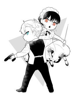 1boy 1girl :o apron blue_eyes butler closed_mouth collared_dress commentary_request dagger deformed dress dress_shoes earrings formal_clothes frilled_apron frills full_body greyscale gun handgun highres holding holding_dagger holding_gun holding_knife holding_weapon jacket jewelry knife lifting_person long_dress long_sleeves looking_back maid maid_apron maid_headdress monochrome neck_ribbon open_mouth pants pantyhose red_eyes ribbon shoes short_hair sideways_glance spot_color spy_x_family standing suit sunbo_zatta trigger_discipline twilight_(spy_x_family) very_short_hair weapon yor_briar