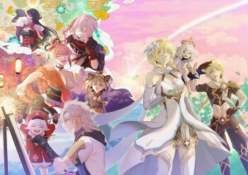 3boys 6+girls absurdres aether_(genshin_impact) ahoge albedo_(genshin_impact) animal_ears animal_print antenna_hair arm_armor arm_up armor arms_up baggy_pants bare_shoulders beidou_(genshin_impact) belt beret black_belt black_boots black_choker black_gloves black_ribbon black_scarf black_shirt blonde_hair blue_eyes blue_shirt boots bow braid breasts bright_pupils brother_and_sister brown_gloves brown_pants brown_shirt butterfly_choker butterfly_print china_dress chinese_clothes chinese_hairpin choker cleavage_cutout clenched_hand clenched_hands clothing_cutout cloud cloudy_sky clover_print colored_eyepatch commentary covered_navel cowboy_shot detached_sleeves dress drinking earrings easel egasumi english_commentary evening eyepatch feather_hair_ornament feathers fingerless_gloves fingernails floating_clothes flower flying fur-trimmed_sleeves fur_collar fur_trim gem genshin_impact ginkgo_leaf gloves gold_trim gourd gradient_sky grass green_hair hair_between_eyes hair_bow hair_flower hair_ornament hair_ribbon hair_stick half-closed_eyes halo hand_on_own_hip hand_up happy hat hat_ornament highres holding holding_fireworks holding_gourd holding_leaf holding_paint_palette holding_paintbrush hood hoodie jacket japanese_clothes jewelry kaedehara_kazuha kikkoumon kimono klee_(genshin_impact) lantern leaf leaf_on_head long_hair long_sleeves looking_at_object looking_at_viewer looking_to_the_side looking_up low-braided_long_hair low-tied_long_hair low_twintails lumine_(genshin_impact) mandarin_collar mechanical_halo medium_breasts midriff multicolored_hair multiple_boys multiple_girls ninja obijime ocean one_eye_closed open_clothes open_hoodie open_jacket open_mouth orange_bow orange_gemstone orange_kimono outdoors paimon_(genshin_impact) paint_palette paintbrush painting_(action) pants partially_fingerless_gloves pink_sky pointy_ears pom_pom_(clothes) ponytail puffy_long_sleeves puffy_sleeves purple_eyes purple_jacket puyurin raccoon_ears raccoon_girl rainbow red_bow red_dress red_hair red_hat red_ribbon ribbon romper rope sarashi sayu_(genshin_impact) scarf shirt short_hair short_ponytail short_sleeves shoulder_armor siblings sidelocks single_braid single_earring sky sleeveless sleeveless_dress smile standing star_(symbol) streaked_hair tassel teeth thigh_boots twintails two-tone_dress two-tone_shirt upper_body vision_(genshin_impact) white_boots white_dress white_flower white_hair white_hoodie white_pupils white_ribbon white_romper white_shirt white_sleeves yellow_eyes yellow_hood yoimiya_(genshin_impact)