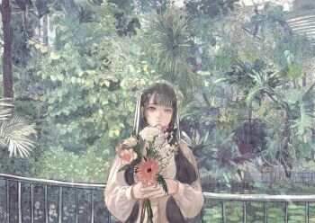 1girl against_railing black_hair braid closed_mouth flower greenhouse grey_eyes hair_ribbon highres holding holding_flower indoors lolita_fashion long_hair long_sleeves looking_at_viewer nature original pink_flower plant pond purupurualiens railing red_flower ribbon shirt single_braid smile solo twintails upper_body water white_flower white_ribbon white_shirt