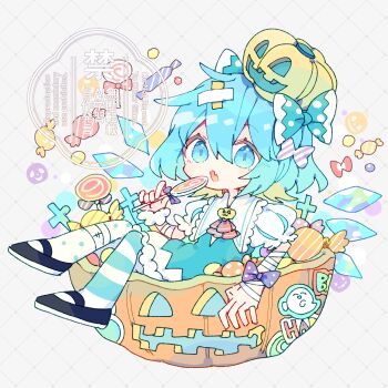 1girl :o absurdres ascot asymmetrical_legwear bandaged_arm bandages blue_bow blue_dress blue_eyes blue_hair blue_pantyhose blush_stickers bow candy cirno commentary cross double-parted_bangs dress fang food full_body grey_background grid_background hair_between_eyes hair_bow halloween highres holding holding_candy holding_food holding_lollipop ice ice_wings lollipop mismatched_legwear nikorashi-ka open_mouth pantyhose pinafore_dress polka_dot polka_dot_bow polka_dot_pantyhose pumpkin purple_bow red_ascot shirt short_hair short_sleeves sitting skin_fang sleeveless sleeveless_dress solo striped_bow striped_clothes striped_pantyhose swirl_lollipop symbol-only_commentary touhou watermark white_pantyhose white_shirt wings wrapped_candy wrist_bow