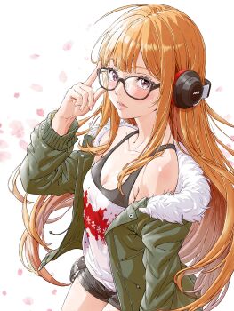 Rule 34 | 1girl, absurdres, adjusting eyewear, behind-the-head headphones, black-framed eyewear, black shorts, breasts, cleavage, collarbone, commentary request, fur-trimmed jacket, fur trim, glasses, green jacket, headphones, highres, jacket, long hair, looking at viewer, momo oddeye, off shoulder, orange hair, parted lips, persona, persona 5, purple eyes, sakura futaba, shorts, simple background, solo, very long hair, white background