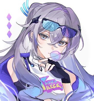 Rule 34 | 1girl, black gloves, blowing bubble gum, chewing gum, clothes writing, fingerless gloves, gloves, goggles, goggles on head, grey eyes, grey hair, highres, honkai: star rail, honkai (series), long hair, looking at viewer, shirt, silver wolf (elation) (honkai: star rail), silver wolf (honkai: star rail), simple background, solo, upper body, very long hair, white background, white shirt, yayu yyo430