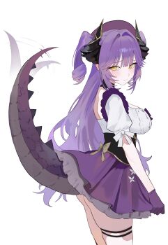 1girl absurdres black_horns blush bow breasts brown_ribbon closed_mouth commentary_request cowboy_shot dragon_girl dragon_horns dragon_tail flower gloves hair_intakes highres horns large_breasts long_hair looking_at_viewer nbee_ya purple_gloves purple_hair purple_skirt ribbon sakihane_huya shirt shirt_bow short_sleeves sidelocks simple_background skirt slit_pupils solo standing stellive tail tail_raised tail_wagging thigh_strap thighs virtual_youtuber white_background white_flower white_shirt yellow_eyes