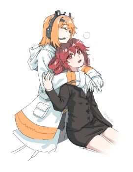 Rule 34 | +++, 2girls, a.i. voice, adachi rei, black jacket, black skirt, chin rest, closed eyes, closed mouth, coat, commentary request, drill hair, gloves, hair ornament, head on head, head rest, headset, highres, jacket, kasane teto, kikai shoujo to misoji ol (utau), long sleeves, looking at another, multiple girls, open mouth, orange hair, pencil skirt, puff of air, qiukui, red eyes, red hair, short hair, simple background, sitting, skirt, smile, twin drills, twitter username, utau, white background, white coat, white gloves