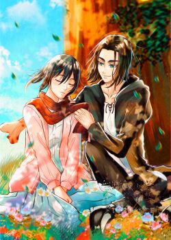 1boy 1girl absurdres adjusting_another's_clothes black_hair black_jacket black_pants blue_eyes blue_skirt blue_sky breasts brown_hair closed_mouth eren_yeager facial_scar falling_leaves hair_between_eyes hetero highres hood hood_down hooded_jacket jacket kneeling leaf long_hair long_skirt medium_breasts medium_hair mikasa_ackerman outdoors pants parted_lips pink_jacket ponytail red_scarf scar scar_on_cheek scar_on_face scarf shingeki_no_kyojin shirt skirt sky sleeping smile tree tuyu_ermk twitter_username under_tree v_arms white_shirt