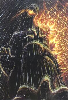 dinosaur electricity energy g.n.a glowing glowing_mouth glowing_spikes godzilla godzilla_(series) godzilla_vs._mechagodzilla_ii highres kaiju looking_at_viewer looking_down no_humans orange_electricity pov rain storm toho