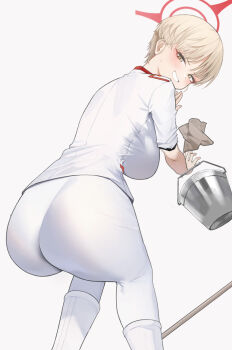 1girl ass ass_focus blonde_hair blue_archive breasts bucket commentary_request grin halo highres jiuzaiqianjitian large_breasts looking_at_viewer marina_(blue_archive) pants red_halo shirt short_hair simple_background smile solo white_background white_pants white_shirt yellow_eyes