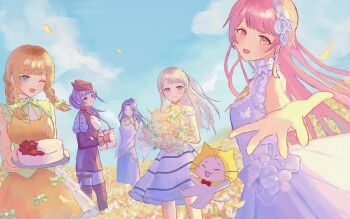 5girls ^_^ ace_(miracle_nikki) ahoge animal animal_print arms_behind_back bare_arms bare_shoulders belt belt_buckle birthday black_belt blue_dress blue_eyes blue_gemstone blue_sky bobo_(miracle_nikki) boots bouquet bow bowtie bra_strap braid brown_boots brown_dress brown_hair brown_hat buckle butterfly_hair_ornament butterfly_print cake cat china_dress chinese_clothes choker cleavage_cutout cloak closed_eyes closed_mouth clothed_animal clothing_cutout cloud collared_shirt commentary_request corset cowboy_shot daisy_(flower) day dot_nose dress dress_bow ear_covers earrings eyelashes eyeliner field floating_hair flower flower_field food frilled_choker frilled_dress frills fruit full_body gem gift gold_buttons green_bow green_bowtie green_corset grey_hair hair_bow hair_flower hair_ornament hair_over_shoulder hairclip hairpin happy hat high_collar highres holding holding_bouquet holding_gift holding_plate hood hood_up hooded_cloak iui_xox jewelry juliet_sleeves kimi_(miracle_nikki) light_blush long_dress long_hair long_sleeves lunar_(miracle_nikki) makeup miracle_nikki momo_(nikki) multiple_girls nikki_(nikki) nikki_(series) off-shoulder_dress off_shoulder offering_hand one_eye_closed open_mouth orange_dress outdoors parallel_hairclips petals pink_eyeliner pink_eyes pink_flower pink_hair pink_rose plate pleated_dress ponytail print_dress puffy_sleeves purple_eyes purple_hair red_bow red_bowtie rose shirt shirt_under_dress short_dress short_sleeves sky sleeveless sleeveless_dress sleeveless_shirt smile strawberry striped_clothes striped_dress studded_belt thigh_belt thigh_boots thigh_strap topknot traditional_bowtie twin_braids two-tone_dress two-tone_sleeves very_long_hair waist_bow whiskers white_bow white_cat white_choker white_dress white_flower white_rose white_shirt wind yellow_cloak