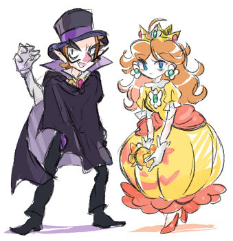 Rule 34 | 1boy, 1girl, absurdres, black cape, brown hair, candy, cape, crown, dress, earrings, facial hair, flower earrings, food, gloves, gown, halloween, hat, highres, holding, holding candy, holding food, jewelry, long hair, mario (series), mario kart, mario kart tour, mustache, nintendo, orange dress, princess daisy, princess daisy (halloween), rakugaki shitagari-ya, simple background, top hat, waluigi, waluigi (vampire), white background, white gloves