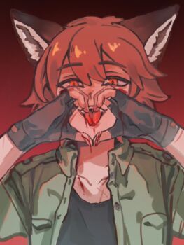 1boy animal_ears black_gloves black_shirt blood blood_on_face blood_on_hands boyfriend_to_death commentary english_commentary facial_mark fingerless_gloves fox_boy fox_ears fox_tail furry furry_male gloves green_jacket grin heart heart_hands highres jacket male_focus mwwsqqqq999 orange_eyes orange_hair popped_collar ren_hana_(boyfriend_to_death) scar scar_on_arm shirt short_hair smile solo tail