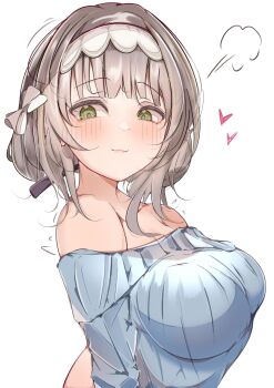 1girl black_ribbon blue_sweater blush breasts closed_mouth gakuen_idolmaster green_eyes grey_hair hair_ribbon headdress heart highres hii_(mzgu8388) hiwatari_kanae idolmaster large_breasts off-shoulder_sweater off_shoulder puff_of_air ribbon short_hair smile solo sweater
