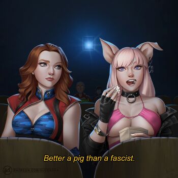 2girls animal_ears black_choker black_gloves black_jacket blue_eyes bracelet breasts brown_hair choker ear_piercing eating fingerless_gloves firecracker_(the_boys) food fubuki_(one-punch_man) gloves highres implied_fellatio indoors jacket jewelry kurenai_no_buta large_breasts long_hair multiple_girls off_shoulder one-punch_man piercing pig_ears pig_girl pink_hair popcorn rose_(zaiyuki) saitama_(one-punch_man) scene_reference sleeveless suddakka tan tanline tatsumaki the_boys underboob upper_body white_nails zaiyuki zipper