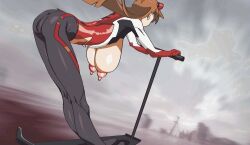 1girl action alternate_breast_size animated anus anus_peek arm_support ass ass_focus ass_shake back blue_eyes bodysuit bouncing_breasts breasts breasts_out cameltoe curvy evangelion:_3.0_you_can_(not)_redo floating_hair highres huge_ass interface_headset_(evangelion) kawai_(pixiv97891451) light_brown_hair long_hair mecha_pilot_suit medium_breasts neon_genesis_evangelion nipples plugsuit_(evangelion) rebuild_of_evangelion red_bodysuit see-through_bodysuit see-through_clothes shiny_clothes skin_tight solo souryuu_asuka_langley tagme torn_bodysuit torn_clothes video wide_hips wind