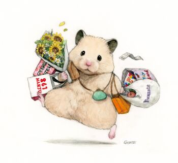 absurdres animal animal_focus apple artist_name bag bouquet coin_purse commentary_request flower food fruit gotte hamster highres holding holding_bag holding_bouquet looking_at_viewer no_humans original plastic_bag shopping_bag simple_background white_background