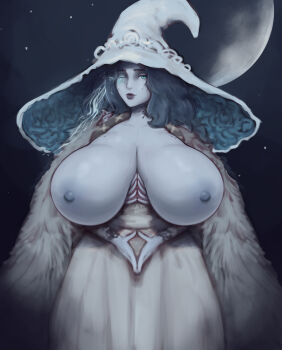 1girl absurdres blue_hair blue_skin breasts breasts_out clothes colored_skin dress elden_ring female_focus fromsoftware hat highres huge_breasts large_breasts long_hair looking_at_viewer nipples one_eye_closed ranni_the_witch robe shinyglute solo witch witch_hat