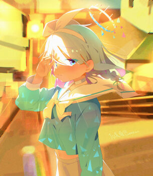 1girl absurdres aqua_hair aqua_halo aqua_pupils aqua_shirt arm_at_side arona_(blue_archive) artist_name blue_archive blurry blurry_background blush bow bow_hairband bowtie braid bright_pupils chinese_commentary choker closed_mouth colored_inner_hair commentary_request dated depth_of_field floating_hair from_side hair_ornament hairband halo highres long_sleeves looking_at_viewer looking_to_the_side making-of_available medium_hair midriff mismatched_pupils mixed-language_commentary multi-source_commentary multicolored_hair navel pink_hair puffy_long_sleeves puffy_sleeves purple_eyes red_pupils sad_bread sailor_collar school_uniform serafuku shirt single_braid skirt solo sunset two-tone_hair upper_body white_bow white_bowtie white_choker white_hairband white_sailor_collar white_skirt wind