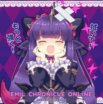 1girl animal_ears bandaid bandaid_on_head bare_shoulders beyaert_alma black_dress black_ribbon black_sleeves black_wings breasts choker cleavage closed_eyes copyright_name detached_sleeves dress emil_chronicle_online frilled_choker frilled_sleeves frills hair_ribbon hairband hands_on_own_cheeks hands_on_own_face horse_ears horse_girl horse_tail iris_anemone masochism neck_ribbon off-shoulder_dress off_shoulder open_mouth ponytail purple_background purple_hairband purple_ribbon ribbon solo split_ponytail tail wide_sleeves wings