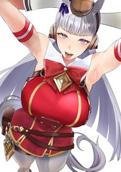1girl absurdres animal_ears armband armpits bare_shoulders blunt_bangs bow bowtie breasts brown_hat commentary_request dress ear_bow gloves gold_ship_(red_strife)_(umamusume) gold_ship_(umamusume) grey_hair hat highres horse_ears horse_girl horse_tail jitome_no_tsugumi large_breasts long_hair looking_at_viewer pantyhose parted_lips pillbox_hat purple_bow purple_eyes red_bow red_bowtie red_dress sleeveless sleeveless_dress smile solo striped_armband striped_clothes tail teeth tongue tongue_out umamusume upper_teeth_only white_gloves white_pantyhose