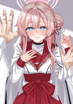 1boy 1girl absurdres blue_archive blue_eyes blush bow braid breasts bun_with_braided_base cape closed_mouth commentary hair_between_eyes hair_bun hair_ornament hakama hakama_skirt halo highres japanese_clothes kabedon long_hair long_sleeves looking_at_viewer medium_breasts mimori_(blue_archive) pink_hair pink_halo pov pov_hands red_bow red_sailor_collar rynn_(darknescorez) sailor_collar shirt single_side_bun skirt smile sweatdrop white_cape white_shirt