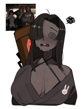 1girl @_@ absurdres bbizim03 black_hair breasts brown_robe dark-skinned_female dark_skin dizzy hair_over_one_eye highres large_breasts limbus_company long_hair project_moon robe rodion_(project_moon) ryoshu_(project_moon) sidelocks sweat zilu_(project_moon)