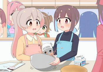 Rule 34 | 6+girls, :o, ^^^, absurdres, apron, black hair, black shirt, blue apron, blue hair, blush, bowl, brown eyes, brown hair, chocolate making, commentary, cutting board, diamond-shaped pupils, diamond (shape), drink carton, flying sweatdrops, green eyes, grey hair, happyundergate, highres, holding, holding bowl, hozuki kaede, hozuki momiji, indoors, kitchen, knife, long hair, long sleeves, milk carton, mixed-language commentary, mixer (cooking), multicolored hair, multiple girls, murosaki miyo, oka asahi, onii-chan wa oshimai!, orange hair, out of frame, oyama mahiro, oyama mihari, peanut mouth, pink apron, pink hair, ponytail, purple hair, red eyes, red hair, red shirt, shirt, short hair, short ponytail, spatula, spilling, symbol-shaped pupils, tenkawa nayuta, two-tone hair, two side up, yellow shirt