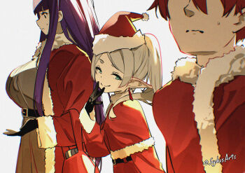 1boy 2girls alternate_costume artist_name black_gloves blunt_bangs breast_conscious breasts capelet christmas coat commentary dress earrings elf english_commentary eyes_out_of_frame fern_(sousou_no_frieren) frieren from_side gloves green_eyes grey_hair head_out_of_frame highres huge_breasts jewelry long_hair long_sleeves looking_at_viewer multiple_girls pointy_ears purple_eyes purple_hair red_bag red_capelet red_coat red_hair santa_costume short_hair simple_background smile smug sousou_no_frieren stark_(sousou_no_frieren) sydus teardrop_earrings twintails white_background white_dress