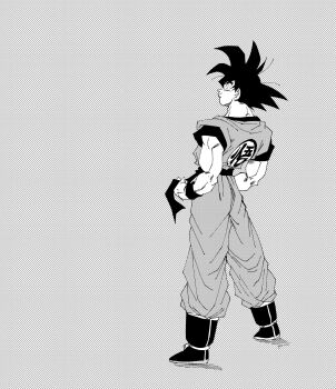 1boy absurdres boots dougi dragon_ball dragonball_z fenyon from_behind full_body greyscale halftone highres looking_up male_focus medium_hair monochrome sash simple_background solo son_goku spiked_hair white_background