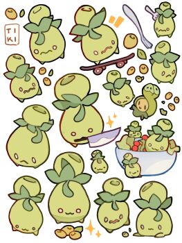 :3 artist_name bowl budew closed_mouth commentary fork_in_head frown gen_4_pokemon highres holding holding_knife knife mouth_hold multiple_views nintendo no_humans o_o object_through_head open_mouth pokemon pokemon_(creature) simple_background sitting skateboard smile smoliv sparkle tiki_(tikivt) wavy_mouth white_background