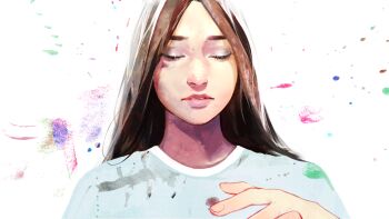 1girl aegyo_sal angela_he backlighting brown_eyes brown_hair closed_eyes facing_viewer hand_up highres i_woke_up_next_to_you_again long_hair non-web_source official_art paint_splatter parted_lips shirt solo straight-on t-shirt upper_body white_shirt