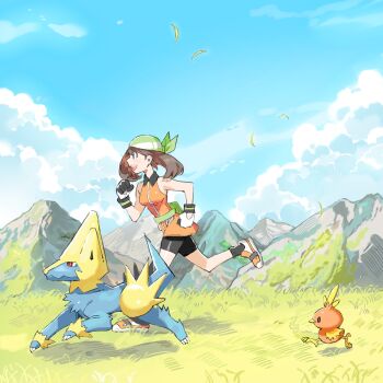 1girl aisutabetao bandana bare_shoulders bike_shorts black_shorts black_socks blue_sky brown_hair clenched_hands cloud cloudy_sky dress fanny_pack from_side gen_3_pokemon gloves grass green_bandana highres manectric may_(pokemon) mountain mountainous_horizon nintendo open_mouth orange_dress outdoors pokemon pokemon_(creature) pokemon_emerald pokemon_rse running shoes shorts sky sleeveless sleeveless_dress socks teeth torchic upper_teeth_only