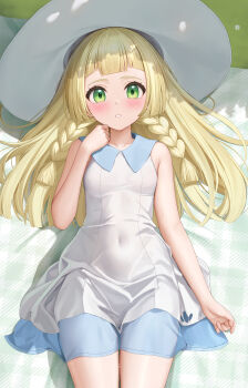 1girl absurdres bare_arms blonde_hair blunt_bangs blush braid breasts covered_navel cowboy_shot dakimakura_(medium) dress green_eyes hat highres keine09 lillie_(pokemon) long_hair looking_at_viewer lying nintendo on_back parted_lips pokemon pokemon_sm ponytail ponytail_with_braided_base sleeveless sleeveless_dress small_breasts solo sun_hat twin_braids white_dress white_hat
