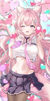 Rule 34 | 1girl, absurdres, animal ears, antenna hair, bare shoulders, blush, braid, braided bun, breasts, brown pantyhose, collared shirt, commentary request, confetti, crown braid, double bun, fang, fingernails, frilled shirt, frills, hair bun, hair intakes, hair ribbon, hakui koyori, hakui koyori (1st costume), heart, highres, holding, holding heart, hololive, kokoro (hakui koyori), kudoukudokudo, large breasts, long hair, midriff, nail polish, navel, necktie, one eye closed, open mouth, pantyhose, pink eyes, pink hair, pink nails, pink necktie, pink skirt, pink tail, pleated skirt, purple skirt, red ribbon, ribbon, shirt, skirt, sleeveless, sleeveless shirt, smile, stomach, tail, thighs, tie clip, virtual youtuber, white shirt, wolf ears, wolf girl, wolf tail