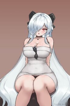 1girl breasts brown_background cinderella_(beautiful_me)_(nikke) cinderella_(nikke) covered_navel dongtan_dress dress eyewear_hang goddess_of_victory:_nikke grey_dress grey_hair highres large_breasts official_alternate_costume open_mouth red_eyes simple_background solo unworn_eyewear yafatguy