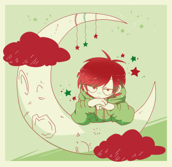 Rule 34 | 1boy, :/, animification, antenna hair, border, cloud, color contrast, commentary request, crescent moon, drawstring, edd (eddsworld), eddsworld, green background, green border, green hoodie, green theme, hair behind ear, highres, hood, hood down, hoodie, jitome, limited palette, long sleeves, looking at viewer, male focus, moon, partial commentary, red eyes, red hair, reon (hosizora7), short hair, simple background, solo, star (symbol), swept bangs