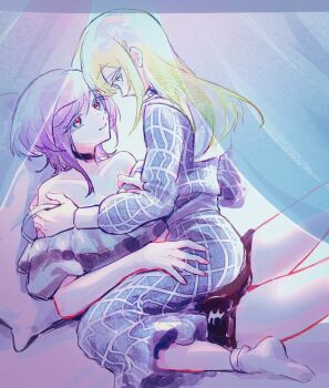 2girls absurdres bang_dream! bang_dream!_it&#039;s_mygo!!!!! bare_shoulders bed black_choker blue_dress canopy_bed chinese_commentary choker collarbone commentary_request dress green_hair grey_shirt hand_on_another&#039;s_waist highres long_hair multiple_girls off_shoulder parted_lips pillow pink_eyes plaid_clothes plaid_dress purple_hair shirt sitting sitting_on_lap sitting_on_person smile socks sweatdrop undressing_another wakaba_mutsumi white_socks yellow_eyes youren117 yuri yuutenji_nyamu