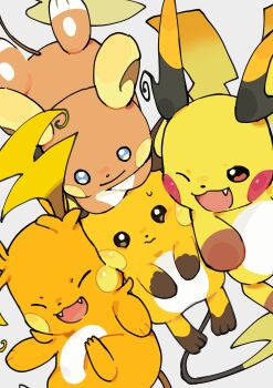 absurdres alolan_form alolan_raichu blue_eyes brown_eyes cheek-to-cheek cheek_squash closed_eyes creature creature_focus fangs from_above full_body furukawa_raku gen_1_pokemon gen_7_pokemon grey_background heads_together highres mega_raichu_x mega_raichu_y nintendo no_humans open_mouth orange_fur pokemon pokemon_(creature) raichu smile yellow_fur