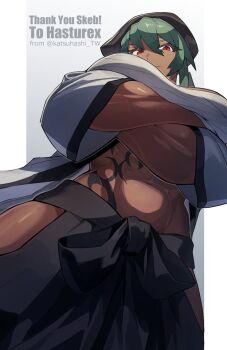 1girl abs beret black_hakama black_hat breasts chest_sarashi closed_mouth clothing_cutout commentary_request commission commissioner_name crossed_arms dark-skinned_female dark_skin from_below green_hair hair_between_eyes hakama hat hip_vent huge_breasts japanese_clothes katsuhashi_tw kimono midriff muscular muscular_female narumi_(hasturex) original red_eyes sarashi skeb_commission solo stomach_tattoo tattoo thank_you tribal_tattoo twitter_username white_kimono